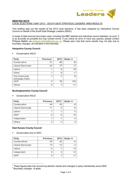 Briefing Note Local Elections 3 May 2013 – South East Strategic Leaders’ Area Results