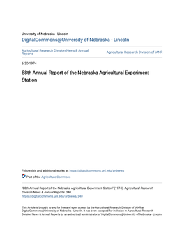 88Th Annual Report of the Nebraska Agricultural Experiment Station