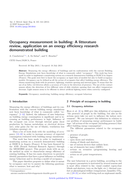 Occupancy Measurement in Building: a Litterature Review, Application on an Energy Eﬃciency Research Demonstrated Building