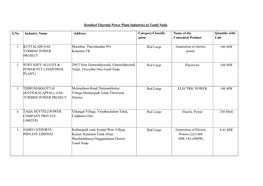 Detailsof Thermal Power Plant Industries in Tamil Nadu S.No Industry Name Address Category/Classific Ation Name of the Consented