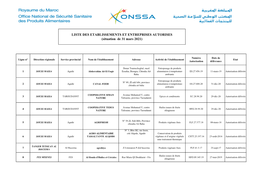 LISTE DES ETABLISSEMENTS ET ENTREPRISES AUTORISES (Situation De 31 Mars 2021)