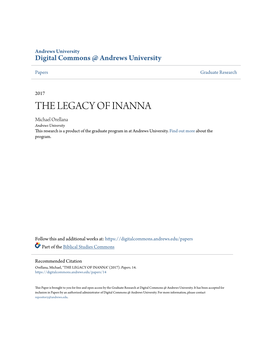 THE LEGACY of INANNA Michael Orellana Andrews University This Research Is a Product of the Graduate Program in at Andrews University