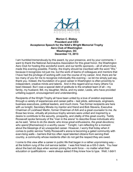 Marion C. Blakey President and CEO Acceptance Speech for the NAA’S Wright Memorial Trophy Aero Club of Washington Washington, DC December 13, 2013