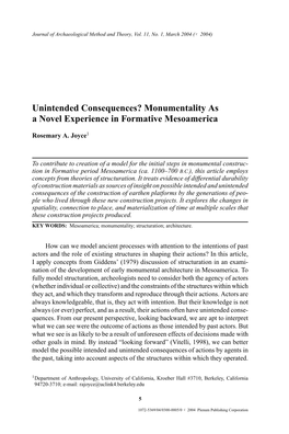 Unintended Consequences? Monumentality As a Novel Experience in Formative Mesoamerica