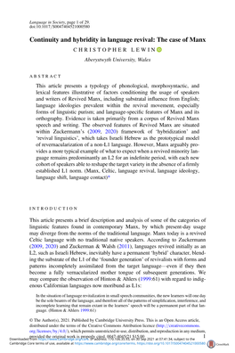 Continuity and Hybridity in Language Revival: the Case of Manx CHRISTOPHER LEWIN Aberystwyth University, Wales