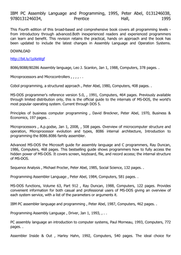 IBM PC Assembly Language and Programming, 1995, Peter Abel, 0131246038, 9780131246034, Prentice Hall, 1995