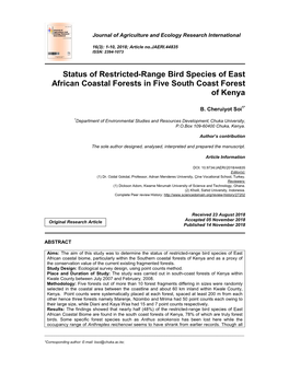 Status of Restricted-Range Bird Species of East African Coastal Forests in Five South Coast Forest of Kenya