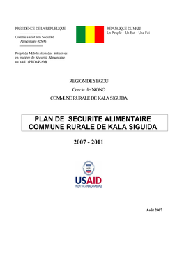 Plan De Securite Alimentaire Commune Rurale De Kala Siguida