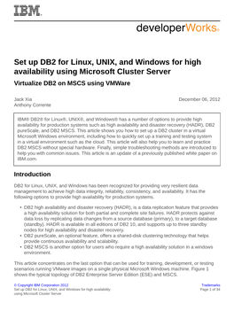 Set up DB2 for Linux, UNIX, and Windows for High Availability Using Microsoft Cluster Server Virtualize DB2 on MSCS Using Vmware