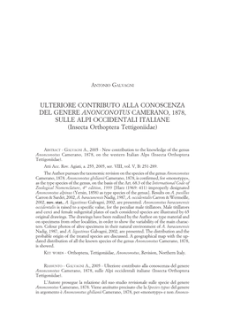 ULTERIORE CONTRIBUTO ALLA CONOSCENZA DEL GENERE ANONCONOTUS CAMERANO, 1878, SULLE ALPI OCCIDENTALI ITALIANE (Insecta Orthoptera Tettigoniidae)