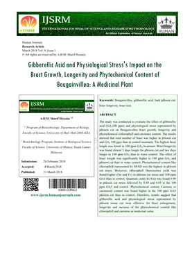 Gibberellic Acid and Physiological Stress's Impact on the Bract Growth, Longevity and Phytochemical Content of Bougainvillea: a Medicinal Plant