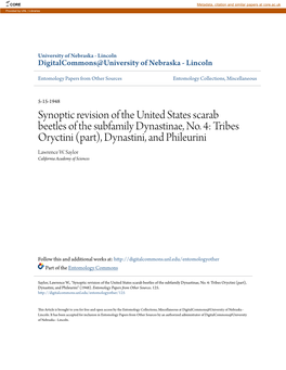 Synoptic Revision of the United States Scarab Beetles of the Subfamily Dynastinae, No. 4: Tribes Oryctini (Part), Dynastini, and Phileurini Lawrence W