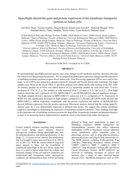 Spaceflight Altered the Gene and Protein Expression of the Membrane Transporter Proteins in Jurkat Cells