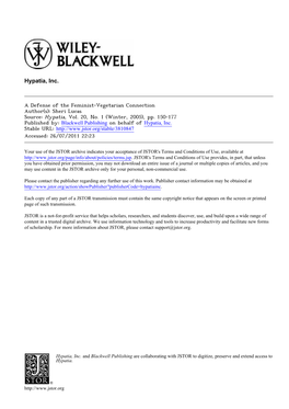 A Defense of the Feminist-Vegetarian Connection Author(S): Sheri Lucas Source: Hypatia, Vol