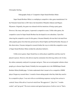 Christopher Sterling Ethnographic Study of Competitive Super Smash Brothers Melee Super Smash Brothers Melee Is a Multiplayer