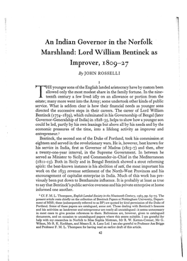 An Indian Governor in the Norfolk Marshland: Lord William Bentinek As Improver, 18O9