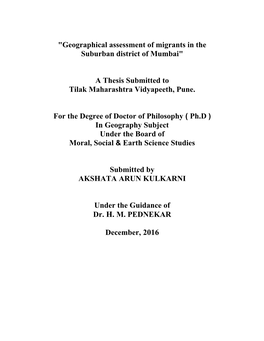 "Geographical Assessment of Migrants in the Suburban District of Mumbai"