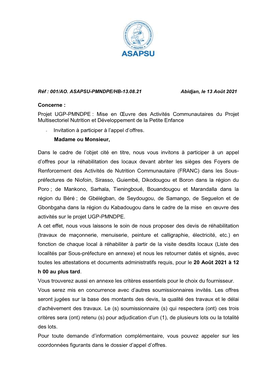 Concerne : Projet UGP-PMNDPE : Mise En Œuvre Des Activités Communautaires Du Projet Multisectoriel Nutrition Et Développement De La Petite Enfance