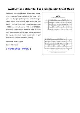 Avril Lavigne Sk8er Boi for Brass Quintet Sheet Music