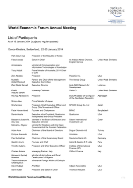 List of Participants As of 19 January 2014 (Subject to Regular Updates)