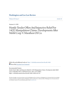 Hostile Tender Offers and Injunctive Relief for 14(E) Manipulation Claims: Developments After Mobil Corp