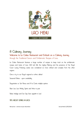 A Culinary Journey Welcome to Le Calao Restaurant and Embark on a Culinary Journey Through the Traditional Savors and Emblematic Recipes of Laos