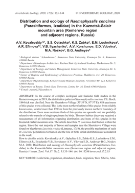 Distribution and Ecology of Haemaphysalis Concinna (Parasitiformes, Ixodidae) in the Kuznetsk-Salair Mountain Area (Kemerovo Region and Adjacent Regions, Russia)