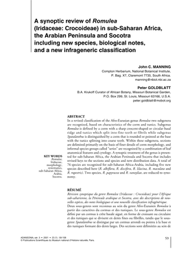 A Synoptic Review of Romulea (Iridaceae: Crocoideae) in Sub-Saharan Africa, the Arabian Peninsula and Socotra Including New Spec