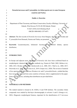 Parmelia Barrenoae and P. Pinnatifida, Two Lichen Species New to Some European 2 Countries and Turkey 3 4 Emilia A