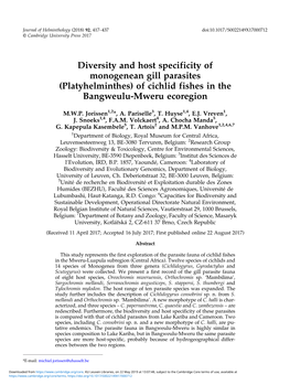 Diversity and Host Specificity of Monogenean Gill Parasites (Platyhelminthes) of Cichlid Fishes in the Bangweulu-Mweru Ecoregion