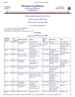 Montana Legislature 2019 January Bill Search Results Regular Session