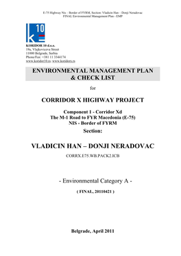 Vladicin Han – Donji Neradovac FINAL Environmental Management Plan - EMP