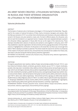 An Army Never Created: Lithuanian National Units in Russia and Their Veterans Organisation in Lithuania in the Interwar Period