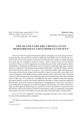 The Island Name Krk, Croatia, in Its Mediterranean and European Context*
