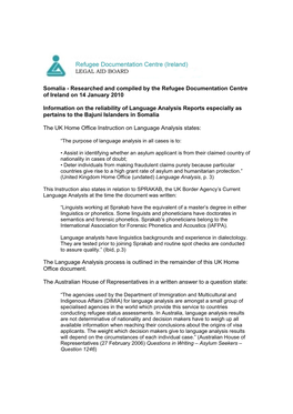 Somalia - Researched and Compiled by the Refugee Documentation Centre of Ireland on 14 January 2010