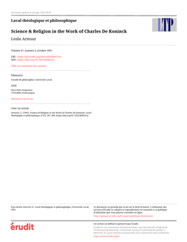 Science & Religion in the Work of Charles De Koninck