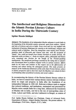 The Intellectual and Religious Dimensions Ofthe Islamic Persian Literary Culture in India During the Thirteenth Century