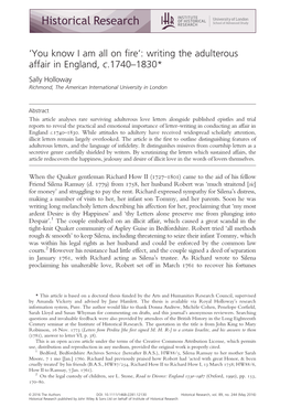 Writing the Adulterous Affair in England, C.1740–1830* Sally Holloway Richmond, the American International University in London