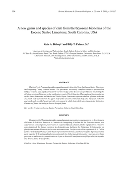 A New Genus and Species of Crab from the Bryozoan Bioherms of the Eocene Santee Limestone; South Carolina, USA