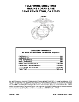 Telephone Directory Marine Corps Base Camp Pendleton, Ca 92055