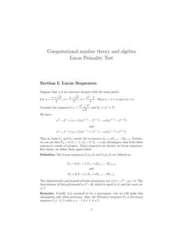 Computational Number Theory and Algebra Lucas Primality Test