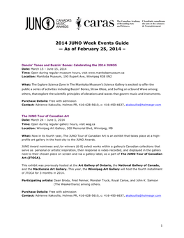 2014 JUNO Week Events Guide — As of February 25, 2014 –