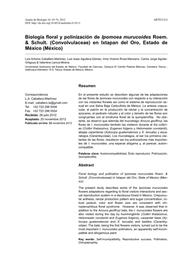 Biología Floral Y Polinización De Ipomoea Murucoides Roem. & Schult. (Convolvulaceae) En Ixtapan Del Oro, Estado De Méxic