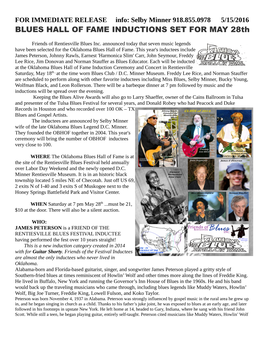 BLUES HALL of FAME INDUCTIONS SET for MAY 28Th