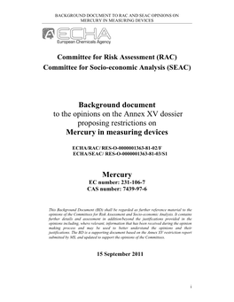 Background Document to the Opinions on the Annex XV Dossier Proposing Restrictions on Mercury in Measuring Devices