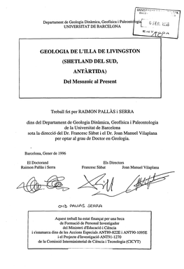 GEOLOGIA DE L'illa DE LIVINGSTON (SHETLAND DEL SUD, ANTÀRTIDA) Del Mesozoic Al Present