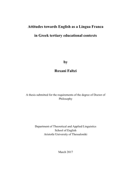 Attitudes Towards English As a Lingua Franca in Greek Tertiary Educational
