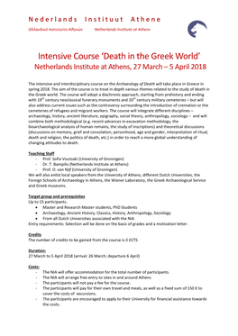 Death in the Greek World’ Netherlands Institute at Athens, 27 March – 5 April 2018