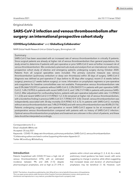 SARS-Cov-2 Infection and Venous Thromboembolism After Surgery: an International Prospective Cohort Study