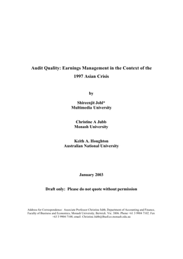 Audit Quality: Earnings Management in the Context of the 1997 Asian Crisis